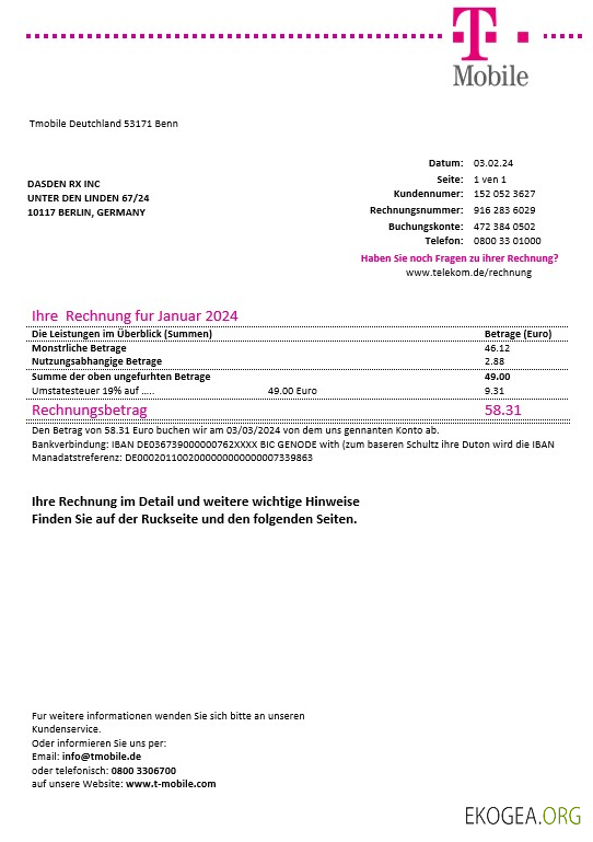 Modèle de facture de services publics pour les entreprises Allemagne T Mobile aux formats Word et PDF